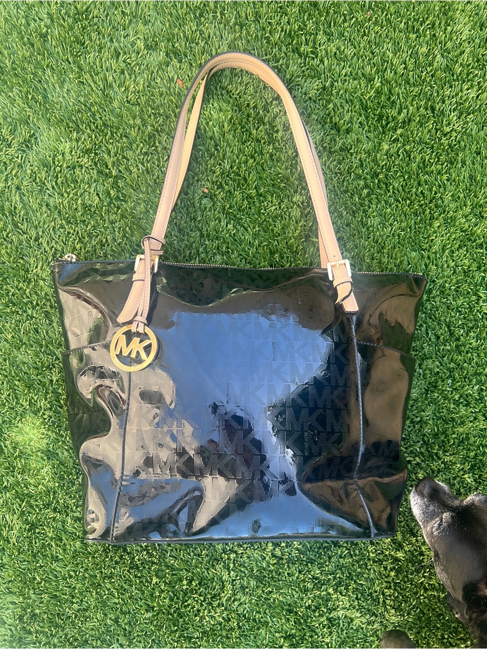 Michael Kors Black Patent Tote Purse Bag with Tan Handles and Gold MK Charm